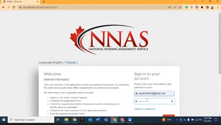 NNAS application account
