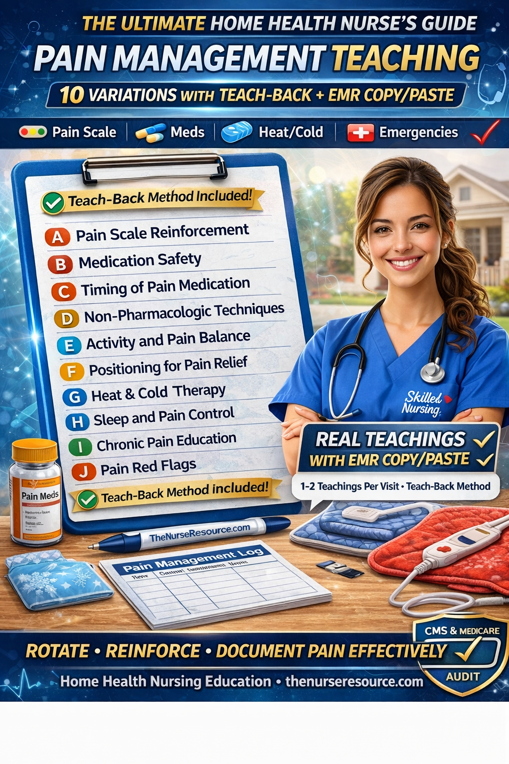 Pain Management Teaching Variations (A–J): 10 Home Health Teachings With Teach-Back + EMR Copy/Paste